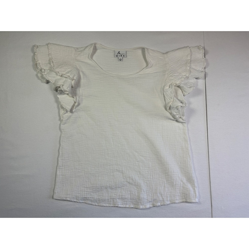 Mira White Cotton Gauze Flutter Sleeve Ruffle Blouse Womens Large Scoop Neck Top